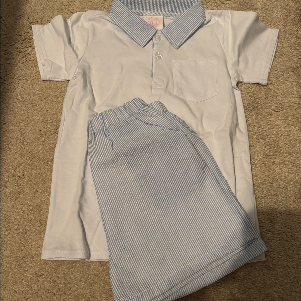 Kids White and Blue Striped Shirt Set